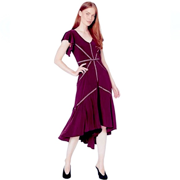 Taylor Burgundy Blush Ruffle Sleeve High Low Knit Midi Dress Lines NWOT - Picture 1 of 6